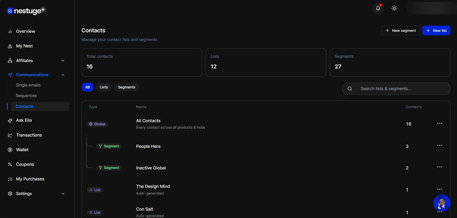 The Contacts screen listing All Contacts above auto-generated lists, with segments indented beneath the list each was built from.