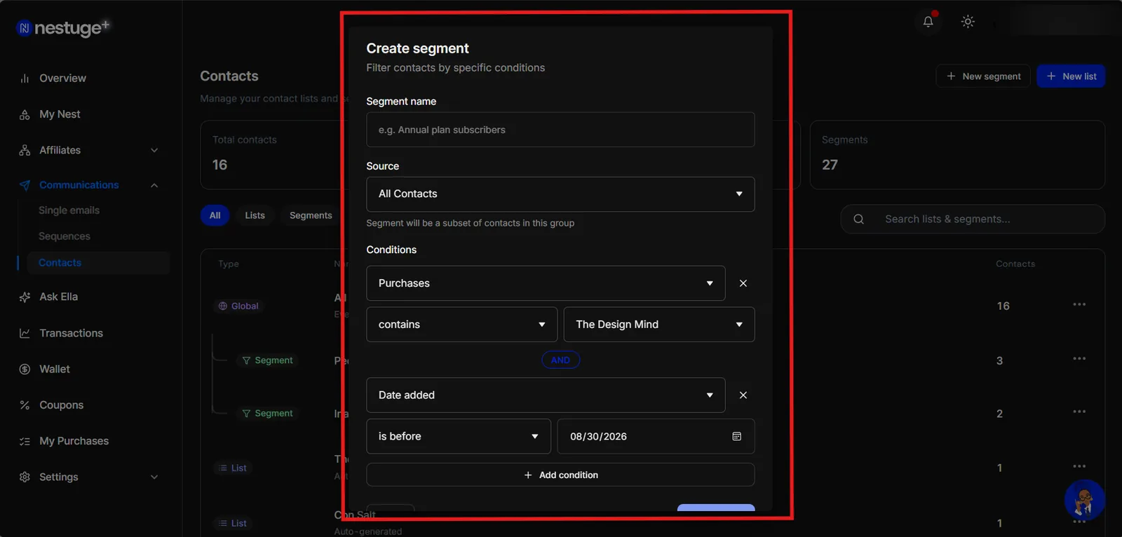 The Create segment dialog with a source list selected and two conditions, Purchases contains Course 1 and Date added is before 08/30/2026, joined by AND.