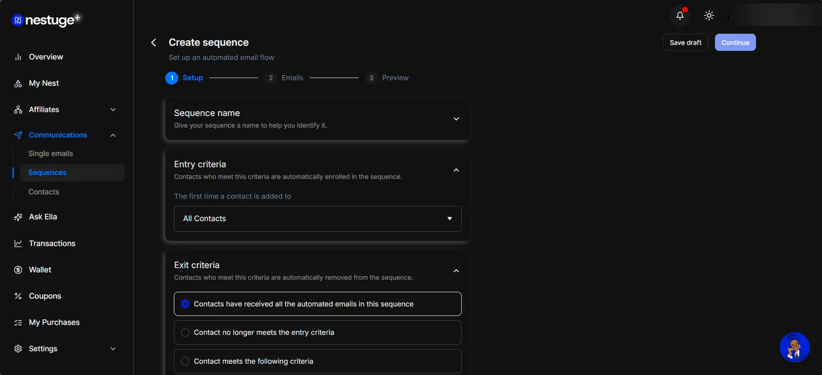 Step one of Create sequence: entry criteria set to All Contacts, and exit criteria offering three rules including when a contact no longer meets the entry criteria.