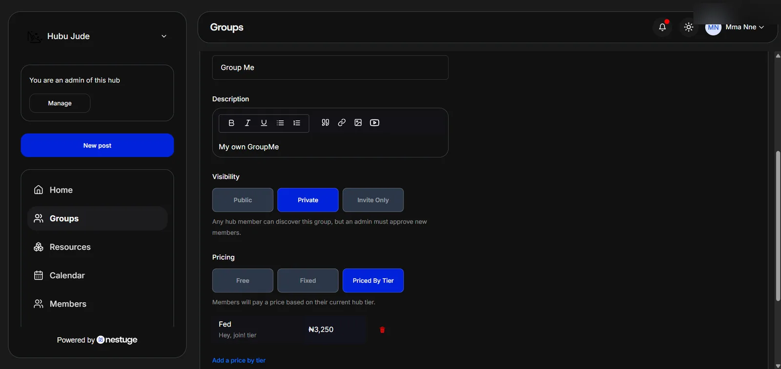 The group settings form with pricing set to Priced By Tier, showing one tier and its price, and a control to add a price for another tier.