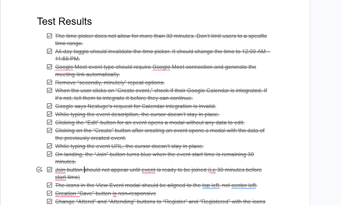 A page of the Calendar test log: a checklist of findings, each struck through as resolved, covering the time picker, the all-day toggle, Google Meet and Calendar integration, and cursor behaviour while typing.